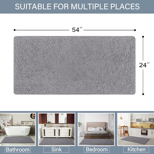 LOCHAS Luxury Bathroom Rug Shaggy Bath Mat 24 x 54 Inch, Washable Non Slip Bath Rugs for Bathroom Shower, Soft Plush Chenille Absorbent Carpets Mats, Gray - color: Grey, size: 2' X 4'6" (24''x54'')