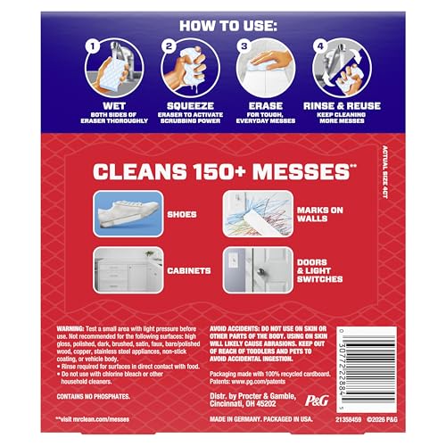 Mr. Clean Magic Eraser Sponge, All Purpose Cleaner, Cleaning Scrubber, Wall, Sneaker, Kitchen, Bathroom, Shower Cleaner, Cleaning Supplies, Melamine Sponge, Cleaning Pads, Extra Durable, 4ct - size: 4 Count (Pack of 1), style: Upgraded Version
