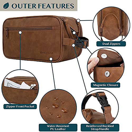PAVILIA Toiletry Bag for Men, Travel Essentials Shaving Dopp Kit, Mens Travel Bag Toiletries Organizer Case for Grooming, PU Leather Water Resistant Cosmetic Bag Pouch (Brown) - color: Brown, size: Large (10.5x5.5x6)