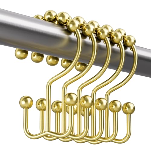 Amazer Gold Shower Curtain Hooks, 12PCS Rust-Resistant Metal Double Shower Curtain Rings for Curtain Rolling Shower Hooks, Shower Rings for Bathroom Shower Curtain Rod - color: Gold, style: Modern - Double Hooks