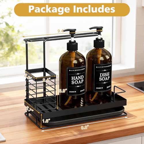 Kitchen Dish Soap Dispenser Set with 2 Pack 17oz Amber Glass Bottles - Rustproof Stainless Steel Organizer & Removable Tray - Farmhouse Soap and Sponge Caddy for Kitchen Sink Countertop Decor