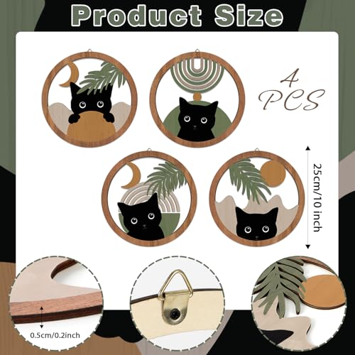 HPNIUB Boho Black Cat Wall Decor, Farmhouse Geometric Hanging Wooden Wall Art, 4 Pieces 10''x10'' Mid Century Bohemian Abstract Moon and Sun Wood Sign for Nursery Bedroom Decoration, Lovely Cat Gifts - color: Cat style B