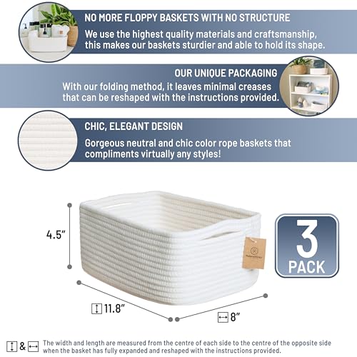 NaturalCozy 11.8"x8"x4.5” Storage Baskets for Shelves 3 Pack | Cotton Rope Woven Small Baskets for Organizing | Small Storage Bins for Nursery, Bathroom, Closet, Cube Shelf, Decorative, Gift Basket - color: Off White, size: 11.8" x 8" x 4.5"