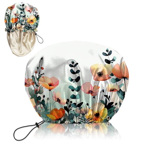 Luxury Shower Cap Silk Satin Lined Waterproof Reusable Adjustable Elastic Dry Hair Bathing Caps Cute for Women Girls-Floral Leaf - color: C-3-Floral Leaf