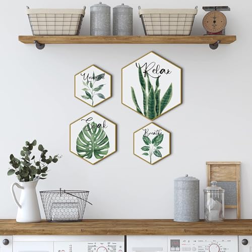 Hoteam Set of 4 Green Eucalyptus Bathroom Decor Botanical Wall Art Green and Gold Bathroom Decor Wall Art Relax Soak Unwind Breathe Paintings