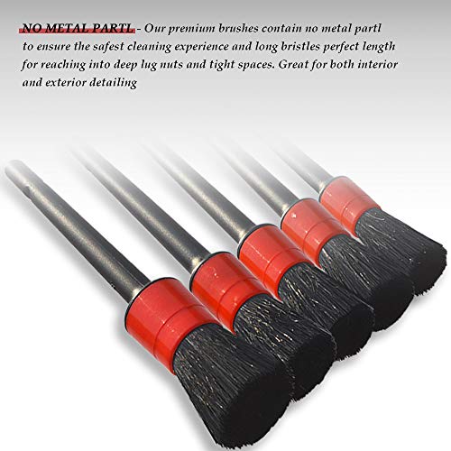 Detailing Brush Set -5 Different Sizes Premium Natural Boar Hair Mixed Fiber Plastic Handle Automotive Detail Brushes for Cleaning Wheels, Engine, Interior, Air Vents, Car, Motorcy - color: Red