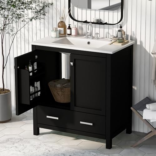 Linique 30" Modern Bathroom Vanity with Sink Combo Set, Solid Wood Frame Bathroom Storage Cabinet with 2 Soft Closing Doors and a Drawer, Multifunctional Storage, Black - color: Black