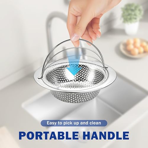 2 Pack Kitchen Sink Drain Strainer with Handle, Universal Stainless Steel Food Catcher Basket, Rust Free, Fits Most Kitchen Sinks