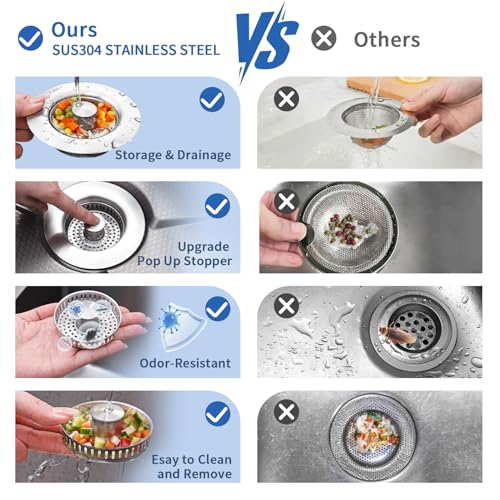 3-in-1 Kitchen Sink Drain Strainer & Sink Stopper - 304 Stainless Steel Pop Up Sink Drain Strainer, Anti-Clogging Kitchen Sink Stopper with Fast Drain Design, Fits Standard 3-1/2'' Sink Drains - color: Sus304 Brushed One Pack