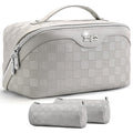 BOYATU Travel Makeup Bag Organizer: 3 Pcs Set Large Capacity Cosmetic Bags Holds 10–20 100ml Full-Size Bottles - 180°Open-Flat Make up Case 3-sec touch-up - Toiletry Bag Gift women (03-A-Gray) - color: 01-F-Gray