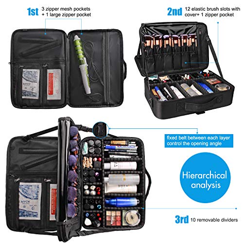 Relavel Travel Makeup Train Case Cosmetic Case Organizer Portable Artist Storage Bag with Adjustable Dividers for Cosmetics Makeup Brushes Toiletry Jewelry Digital Accessories - color: Black, size: Large