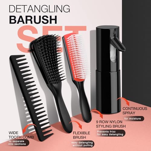 Hommtina Detangling Brush Set with Hair Spray bottle, Hair Brushes for Women and Kids Curly Hair (3 PCS, Black+Red) - color: Black+Red, size: 3 PCS