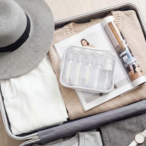 Cosywell 9PCS Leakproof Travel Bottles for Toiletries - TSA Approved Refillable Containers Set for Shampoo, Conditioner, Lotion, Cream Jars - color: F-Clear