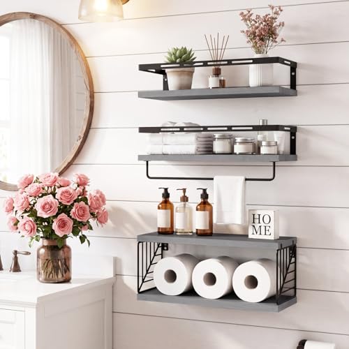 Fixwal Wall Mounted Bathroom Shelves Over Toilet, Rustic Wood Floating Shelves with Metal Frame and Towel Bar for Bathroom, Kitchen, Bedroom, Living Room (3 Plus 1 Gray) - color: 2-gray