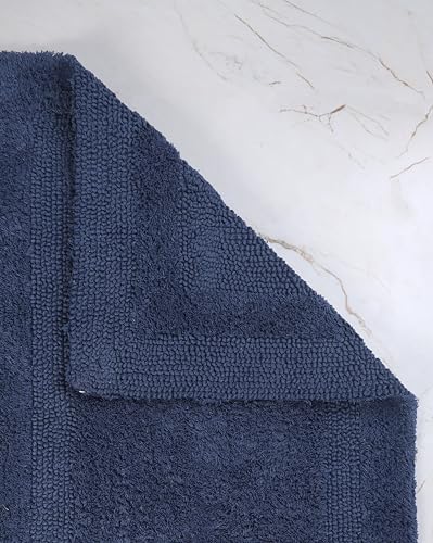 WOVEN ST. Reversible Tufted Bath Rugs | Area Rugs for Spa, Vanity Shower, Bathrooms, Kitchen, Bedroom | Water Absorbent Linens | 100% Cotton | Pack of 2 | 17’’ x 24’’ & 21’’ x 34’’ Inches | Navy Blue - color: Navy, size: 17" x 24" (Rectangular) + 21" x 34