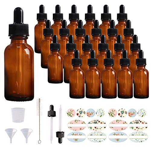 24 Pack 1oz Amber Glass Bottles with Glass Eye Droppers for Essential Oils, Perfumes & Lab Chemicals (Brush, Funnels, 2 Extra Droppers, 36 Pieces Labels & 30ml Measuring Cup Included) - color: Amber