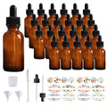 24 Pack 1oz Amber Glass Bottles with Glass Eye Droppers for Essential Oils, Perfumes & Lab Chemicals (Brush, Funnels, 2 Extra Droppers, 36 Pieces Labels & 30ml Measuring Cup Included) - color: Amber
