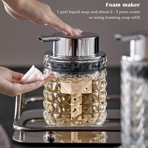 CICUFY Foaming Soap Dispenser 2 Pack, Foam Hand Soap Dispenser for Bathroom Kitchen Liquid Refillable Clear Glass Bottles with Silver Pump(Diamond Pattern-Clear) - color: Clear-2 Pcs, style: Foam/Diamond Leaf Pattern/Silver Top
