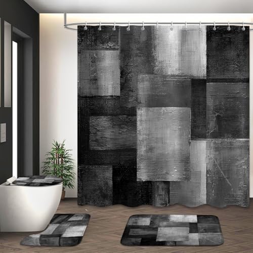4Pcs Abstract Black Grey Shower Curtain Set, Beige Brown Grey Modern Bathroom Shower Curtain with Rugs and Accessories, with Non-Slip Rugs, Toilet Lid Cover and Bath Mat for Bathroom Decor Set - color: Black Grey