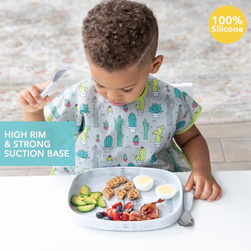 Bumkins Toddler and Baby Suction Plate, Silicone Grip Dish Large Tray for Big Kids, Fits Most Highchairs, Essential Children Feeding Supplies, Non Skid Sticky Bottom, Platinum Silicone, Marble - color: A6 Marble-GT