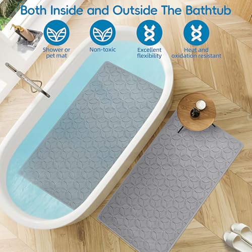 Bathtub Mat Non Slip with Suction Cups - 100% Rubber Bathroom Mat Textured for Bath Tub Shower Safety - Soft on Touch - BPA/PVC Free - Pet Dog Bath Mat - Machine Washable - 17 × 35 Inch（Gray） - color: Gray, size: 35" x 17" (Rectangular)