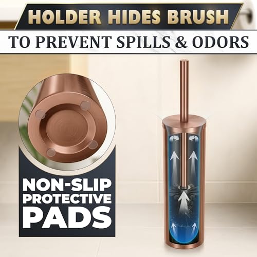 Bronze Toilet Brush and Holder Set - Upgrade Your Bathroom in Seconds - Rust Resistant Stainless Steel Toilet Bowl Brush and Holder with Replaceable Head, Removable Inner Bowl & Splash Guard Cover - color: Bronze