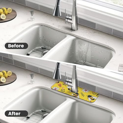 Kitchen Sink Splash Guard Faucet Mat, Yellow Bees Flowers Diatom Mud Absorbent Draining Mat For Kitchen Sink Bathroom - color: Yellow Bees Flowers, size: One Size