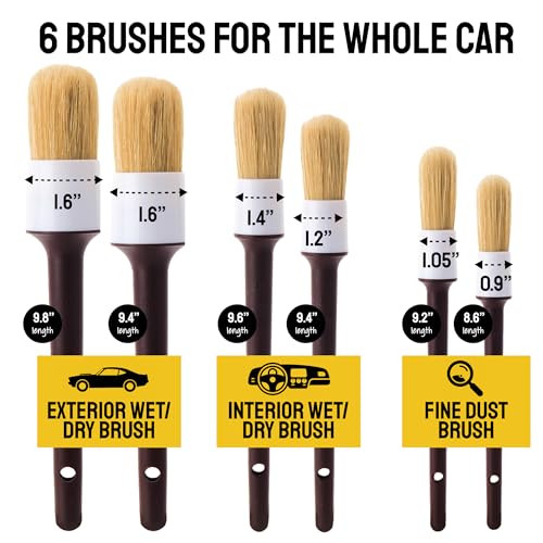 Car Detailing Brush Set 6-Pack, Interior and Exterior, Detail Dudes | Scratch-Free Boars Hair - Exterior & Interior Cleaning Brushes - Safe for Leather, Piano Black Trim, Dashboards & Wheels - size: 6 Pack(Advanced)