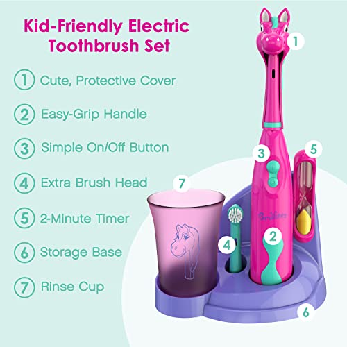 Brusheez Kids’ Electric Toothbrush Set - Safe & Effective for Ages 3+ - Parent Tested & Approved with Gentle Bristles, 2 Brush Heads, Rinse Cup, 2-Minute Timer, & Storage Base (Prancy the Pony) - color: Prancy the Pony