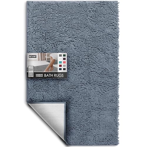 Hearth & Harbor Bathroom Rugs, Chenille Bath Mat - Machine Washable Bath Mats for Bathroom Non-Slip Backing Rubber, Quick Dry Bathroom Mat, 26 x 44 - Stone Blue - color: Stone Blue, style: 26 x 44