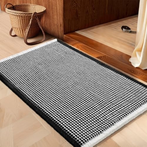 IM HOME Waffle Bath Mat Black & Cream 32"x20", Boho Woven Modern Bath Mat Rugs, Absorbent Non Slip Bathroom Rugs, Soft Washable Bath Rugs with Tassels for Bedroom, Kitchen, Shower, Tub - color: Black & Cream, size: 1'8" x 2'8" (Rectangular)