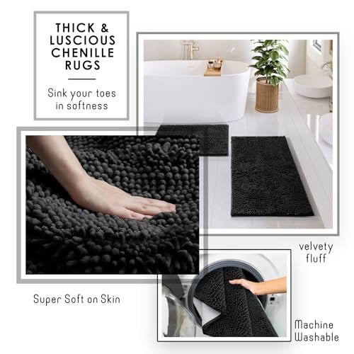 Clara Clark Bathroom Accessories Set - 27PC Bathroom Set with Adhesive Corner Shower Caddy Hanging, Bathroom Sets with Shower Curtain and Rugs, Black Shower Curtain Set with Bathroom Trash Can - color: Black, size: Complete Set + Bath Rug + Shower Caddy