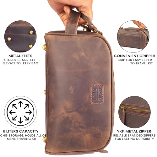 LEATHER VILLAGE Genuine Leather Toiletry Travel Bag With Waterproof Lining - Brown | King-Size Handcrafted Vintage Dopp Kit Bag, Shaving & Bathroom Organizer, Gift for Men & Women - color: Distressed Brown