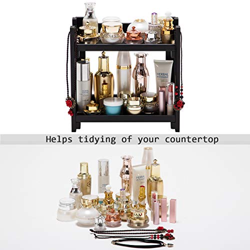 GOBAM Bamboo Makeup Organizer, Black Vanity Storage Box, Multi-Purpose Storage for Skincare, Toiletries and Desktop, 2-Tier Cosmetic Organizer Shelf for Bathroom, Countertop, Kitchen, Office - size: Without Drawer