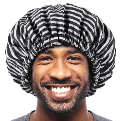 Shower Cap for Men Black Bath Cap, Reversible Terry Lined Large Waterproof Adjustable Shower Caps Elastic Band Stretch Hem Hair Hat for braids - color: Black Stripe