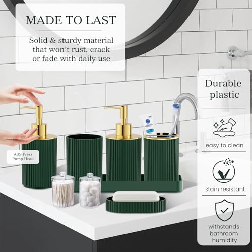 Dark Green Bathroom Accessories Set, 10PC Bathroom Set, Bath Accessory with Pop Up Trash Can, Soap Dispenser, Toilet Brush, Toothbrush Set Qtip Holders & Tray - color: Dark Green & Gold, size: 10-Piece Set (Accessories Only)