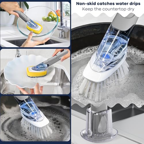 Dish Brush with Soap Dispenser Storage Set with 2 PCS Brush Refills & Holder, Dish Scrubber with Soap Dispenser, Dish Soap Brush, Dish Wand with Soap Dispenser for Dishes, Pans, Sink, Pots(Gray) - color: Gray
