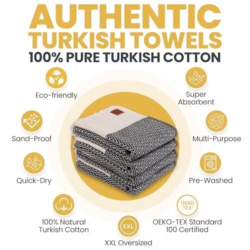 Gold CASE Turkish Beach Towel Set of 4 – 100% Cotton Large Turkish Bath Towels 67 x 38'' – Zeus Extra Large, Quick Dry & Sand Free Towels – Peshtemal for Pool – Black - color: Black, style: Zeus Beach Bath Towel