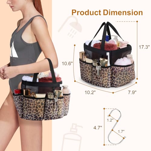 Mesh Shower Caddy Portable - 8 Pockets, S-Hook, Shower Bag for Dorm Camping | 2-Handle, Quick-Dry, Hanging Toiletry Organizer, College Dorm Room Essentials for Girls, Gym, Travel & Bathroom, Leopard - color: L, Leopard, size: L (Classic Dorm Caddy)