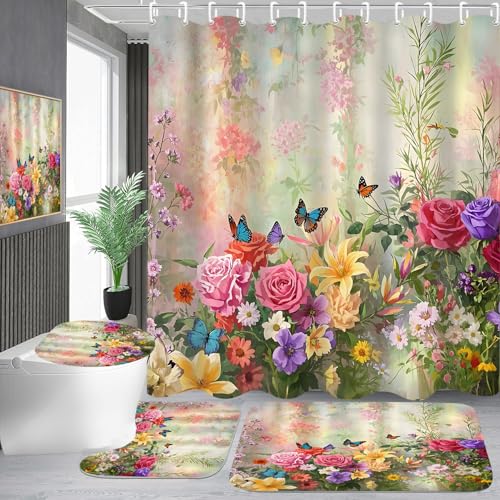 DDQQ 4-Piece Butterfly Floral Shower Curtain Set Botanical Aesthetic Flower Bathroom Set with Shower Curtain and Rugs, Cute Fun Decorative Bath Curtain with Hooks for Home Decor - color: Green