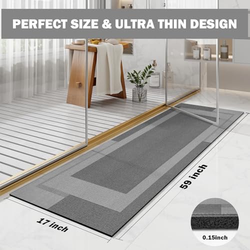YDKGL Non Slip Long Bathroom Runner Rug Bath Mat, Rubber Backing Ultra Thin Bathroom Rugs Fit Under Door Quick Dry Super Absorbent Washable Shower Mat for Bathtub Sink Floor, Dark Grey 17"x59" - color: A- Dark Gray, size: 17” x 59“