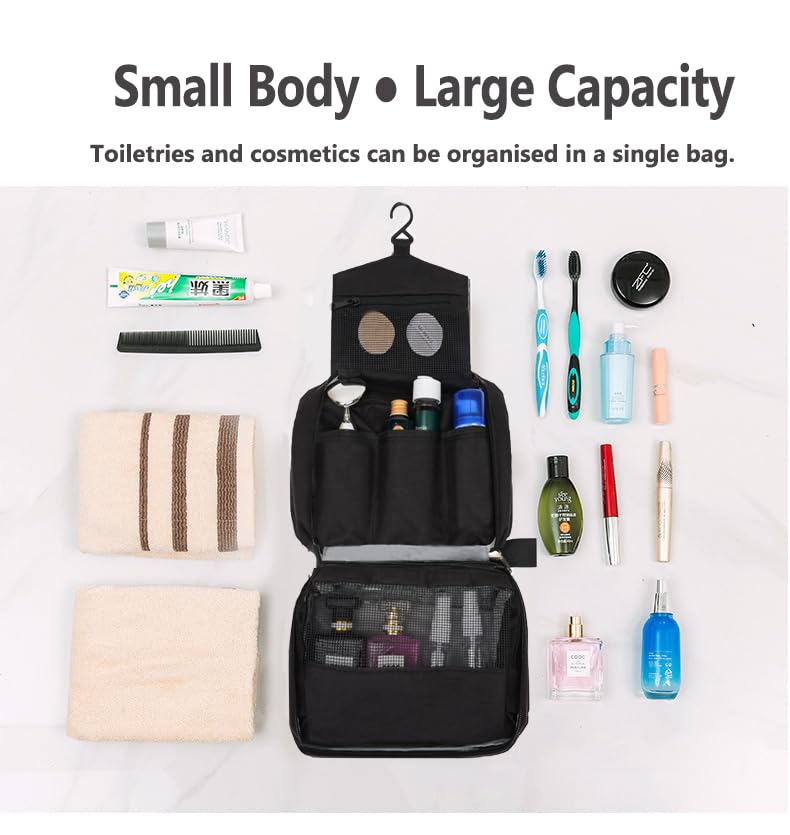 Hanging Toiletry Bag, Black | Wash Bag, Makeup Cosmetic Organizer, Women or Man, Foldable Compact Size, Super Durable Fabric - color: Black