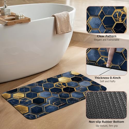 Non Slip Bath Mat,Navy Blue Gold Tiles Bathroom Decor,Dark Marble Diatomaceous Bath Mat Quick Dry Absorbent Bathroom Rugs-Shower Rug for Kitchen Laundry Bathtub Shower 17"x29.5" - color: Navy Blue Gold Tiles,dark Marble