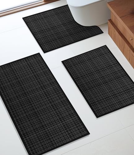 YIHOUSE Bathroom Rugs Sets 3 Pieces, Ultra Thin Bath Mats Fit Under Door, Absorbent Quickly Dry Rubber Backing Braided Bath Mat Set, Non Slip Washable Bath Rugs for Bathroom Floor - color: Black Multi, size: 3pieces