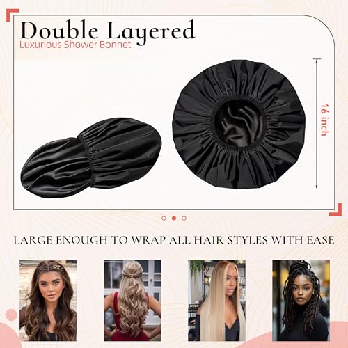 Extra Large Shower Cap for Women, Reusable Waterproof Shower Bonnet with Satin Lining, Double Layer Washable Bath Hair Cap for Braids, Locs, Long Thick Curly Hair, Natural Hair(Big Black) - color: Black