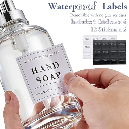 Glass Soap Dispenser with Pump,Tray,Funnel, Countertop Soap and Lotion Dispenser Set of 2 with 60 Stickers, Dish and Hand Soap Dispenser Bottle for Kitchen,Bathroom,Shower, 500ml/16.9oz - color: Blk-5010-2s