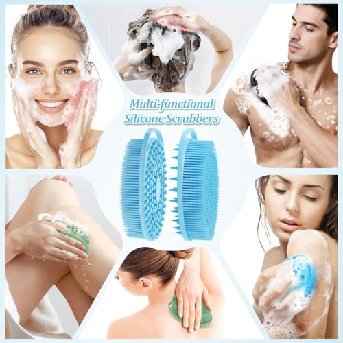 Soft Silicone Body Scrubber 2PCS, 2-in-1 Bath & Shampoo Brush with Dual-Side Usage, Hygienic Silicone Loofah Shower Scrubber for Gentle Exfoliating & Good Lathering(Bluex2) - color: Blue*2