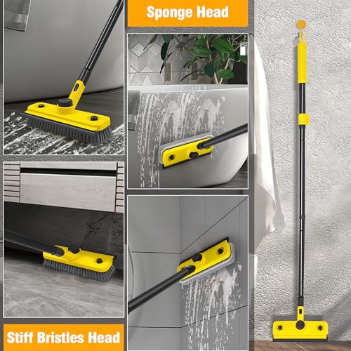 JEHONN Shower Cleaning Brush, 53.5 inches Long Handle Scrubbing Brush, 3-in-1 Bathroom Tub Tile Scrubber Mop with Squeegee for Bathtub Sink Tile Floor Wall Glass Deck (Yellow)