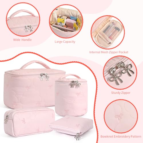 4Pcs Quilted Makeup Bag Set, Cute Bowknot Puffy Makeup Bag Toiletry Bag w/ Bow Zipper Travel Essentials Large Water-Resistant Travel Makeup Bag Versatile Cosmetic Organizer Pouch for Women Girls - color: Pink