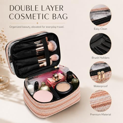 Woven Faux Leather Travel Makeup Bag for Women, Cosmetic Organizer with Clear PVC Top, Large Capacity Toiletry Bag (Pink) - color: 03-Pink
